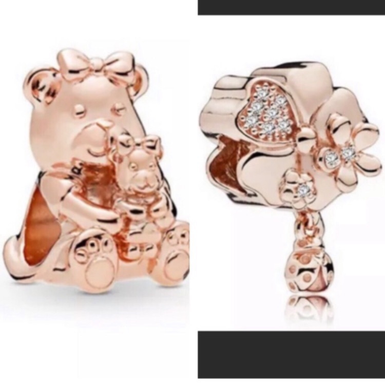 2 Rose Gold Mom & Baby Teddy Bear Charm Set